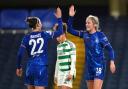 Chelsea's Wieke Kaptein (right) celebrates scoring their side's second goal of the game with team-mate Lucy Bronze during the UEFA Women's Champions League match at Stamford Bridge, London. Picture date: Picture date: Wednesday November 20, 2024. PA