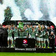 Celtic celebrating their last Scottish League Cup win in February, 2023