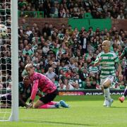 Celtic's Daizen Maeda scores the opening goal of the game during the Premier Sports Cup match at Celtic Park, Glasgow. Picture date: Sunday August 18, 2024. PA Photo. See PA story SOCCER Celtic. Photo credit should read: Steve Welsh/PA