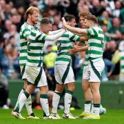 Celtic's Callum McGregor (left) celebrates with Celtic's James Forrest (right) after scoring his sides third goal of the game during the William Hill Premiership match at Celtic Park, Glasgow. Picture date: Sunday September 1, 2024. PA Photo. See PA