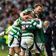 GLASGOW, SCOTLAND - SEPTEMBER 01: Celtic’s Callum McGregor celebrates scoring to make it 3-0 during a William Hill Premiership match between Celtic and Rangers at Celtic Park, on September 01, 2024, in Glasgow, Scotland. (Photo by Craig Williamson /