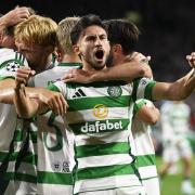 Nicolas Kuhn celebrates a goal at Celtic Park