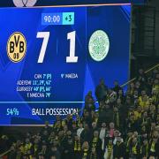 The 7-1 scoreline is shown on a big screen during the UEFA Champions League match at Signal Iduna Park, Dortmund. Picture date: Tuesday October 1, 2024. PA Photo. See PA story SOCCER Celtic. Photo credit should read: PA Wire via DPA.RESTRICTIONS: Use