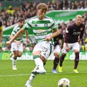 Arne Engels scores his first Celtic goal against Hearts in September