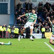 DINGWALL, SCOTLAND - OCTOBER 06: Celtic’s Nicolas Kuhn celebrates after scoring to make it 2-1  during a William Hill Premiership match between Ross County and Celtic at the Global Energy Stadium, on October 06, 2024, in Dingwall, Scotland. (Photo by