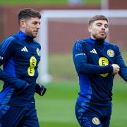 Ryan Christie (L) and James Forrest (R) during a Scotland training session at Lesser Hampden earlier this week