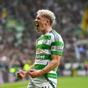 GLASGOW, SCOTLAND - SEPTEMBER 14: Celtic's Luke McCowan celebrates as he scores to make it 2-0 during a William Hill Premiership match between Celtic and Heart of Midlothian at Celtic Park, on September 14, 2024, in Glasgow, Scotland. (Photo by Rob Casey