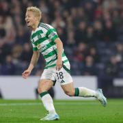 Celtic's Daizen Maeda celebrates after scoring his sides third goal of the game during the Viaplay Cup semi final match at Hampden Park, Glasgow. Picture date: Saturday November 2, 2024. PA Photo. See PA story SOCCER Celtic. Photo credit should read: