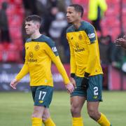 CUMBERNAULD, SCOTLAND - FEBRUARY 9: CelticÕs Marian Shved, Ryan Christie, Christopher Jullien and Vakoun Issouf Bayo (L-R) feel the chill at full time during a William Hill Scottish Cup fifth round match between Clyde and Celtic at Broadwood Stadium, on