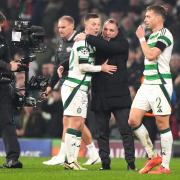 Celtic manager Brendan Rodgers and Callum McGregor celebrate after the final whistle in the UEFA Champions League, league stage match at Celtic Park, Glasgow. Picture date: Tuesday November 5, 2024. PA Photo. See PA story SOCCER Celtic. Photo credit