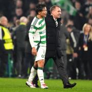 Celtic manager Brendan Rodgers, right, and goalscorer Reo Hatate celebrate victory over RB Leipzig