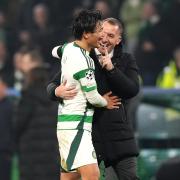 Celtic manager Brendan Rodgers (right) and Reo Hatate celebrate victory after the final whistle in the UEFA Champions League, league stage match at Celtic Park, Glasgow. Picture date: Tuesday November 5, 2024. PA Photo. See PA story SOCCER Celtic. Photo