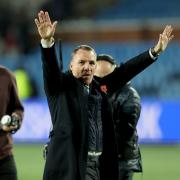 Celtic manager Brendan Rodgers acknowledges the crowd at the final whistle after the William Hill Premiership match at The BBSP Stadium Rugby Park, Kilmarnock. Picture date: Sunday November 10, 2024. PA Photo. See PA story SOCCER Kilmarnock. Photo credit