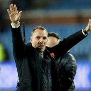 Celtic manager Brendan Rodgers acknowledges the crowd at the final whistle