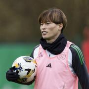 GLASGOW, SCOTLAND - NOVEMBER 08: Kyogo Furuhashi during a Celtic training session at the Lennoxtown Training Centre, on November 08, 2024, in Glasgow, Scotland. (Photo by Craig Foy / SNS Group)