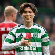 GLASGOW, SCOTLAND - OCTOBER 19: Celtic's Kyogo Furuhashi celebrates scoring to make it 2-0 during a William Hill Premiership match between Celtic and Aberdeen at Celtic Park, on October 19, 2024, in Glasgow, Scotland. (Photo by Rob Casey / SNS Group)