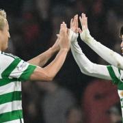 Daizen Maeda and Kyogo Furuhashi celebrate a Celtic goal