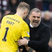 Joe Hart and Ange Postecoglou share an embrace during their time at Celtic