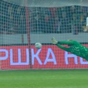 Kasper Schmeichel at full-stretch during Denmark's 0-0 draw with Serbia