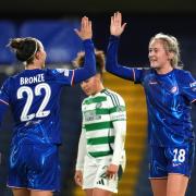 Chelsea's Wieke Kaptein (right) celebrates scoring their side's second goal of the game with team-mate Lucy Bronze during the UEFA Women's Champions League match at Stamford Bridge, London. Picture date: Picture date: Wednesday November 20, 2024. PA