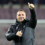 Celtic manager Brendan Rodgers salutes the fans following the William Hill Premiership match at Tynecastle Park, Edinburgh. Picture date: Saturday November 23, 2024. PA Photo. See PA story SOCCER Hearts. Photo credit should read: Steve Welsh/PA