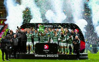 Celtic celebrating their last Scottish League Cup win in February, 2023