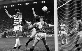 01/01/86 PREMIER DIVISIONCELTIC V RANGERS (2-0)CELTIC PARK - GLASGOWBrian McClair heads the ball into the Rangers net to score for Celtic.