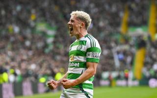 GLASGOW, SCOTLAND - SEPTEMBER 14: Celtic's Luke McCowan celebrates as he scores to make it 2-0 during a William Hill Premiership match between Celtic and Heart of Midlothian at Celtic Park, on September 14, 2024, in Glasgow, Scotland. (Photo by Rob Casey