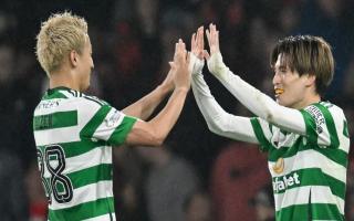 Daizen Maeda and Kyogo Furuhashi celebrate a Celtic goal