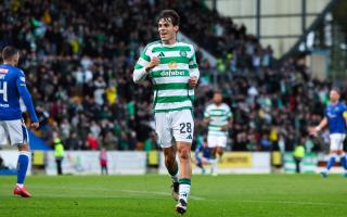 PERTH, SCOTLAND - SEPTEMBER 28: Celtic's Paulo Bernardo celebrates scoring to make it 2-0 during a William Hill Scottish Premiership match between St Johnstone and Celtic at McDiarmid Park, on September 28, 2024, in Perth, Scotland.  (Photo by Ross