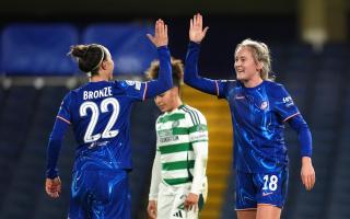 Chelsea's Wieke Kaptein (right) celebrates scoring their side's second goal of the game with team-mate Lucy Bronze during the UEFA Women's Champions League match at Stamford Bridge, London. Picture date: Picture date: Wednesday November 20, 2024. PA