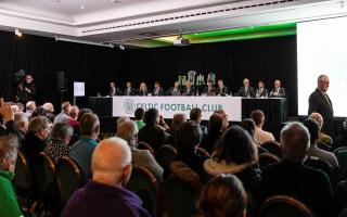 GLASGOW, SCOTLAND - NOVEBER 22: A general view of the top table during the 2023 Celtic Annual General Meeting at Celtic Park, on November 22, 2023, in Glasgow, Scotland. (Photo by Craig Williamson / SNS Group)